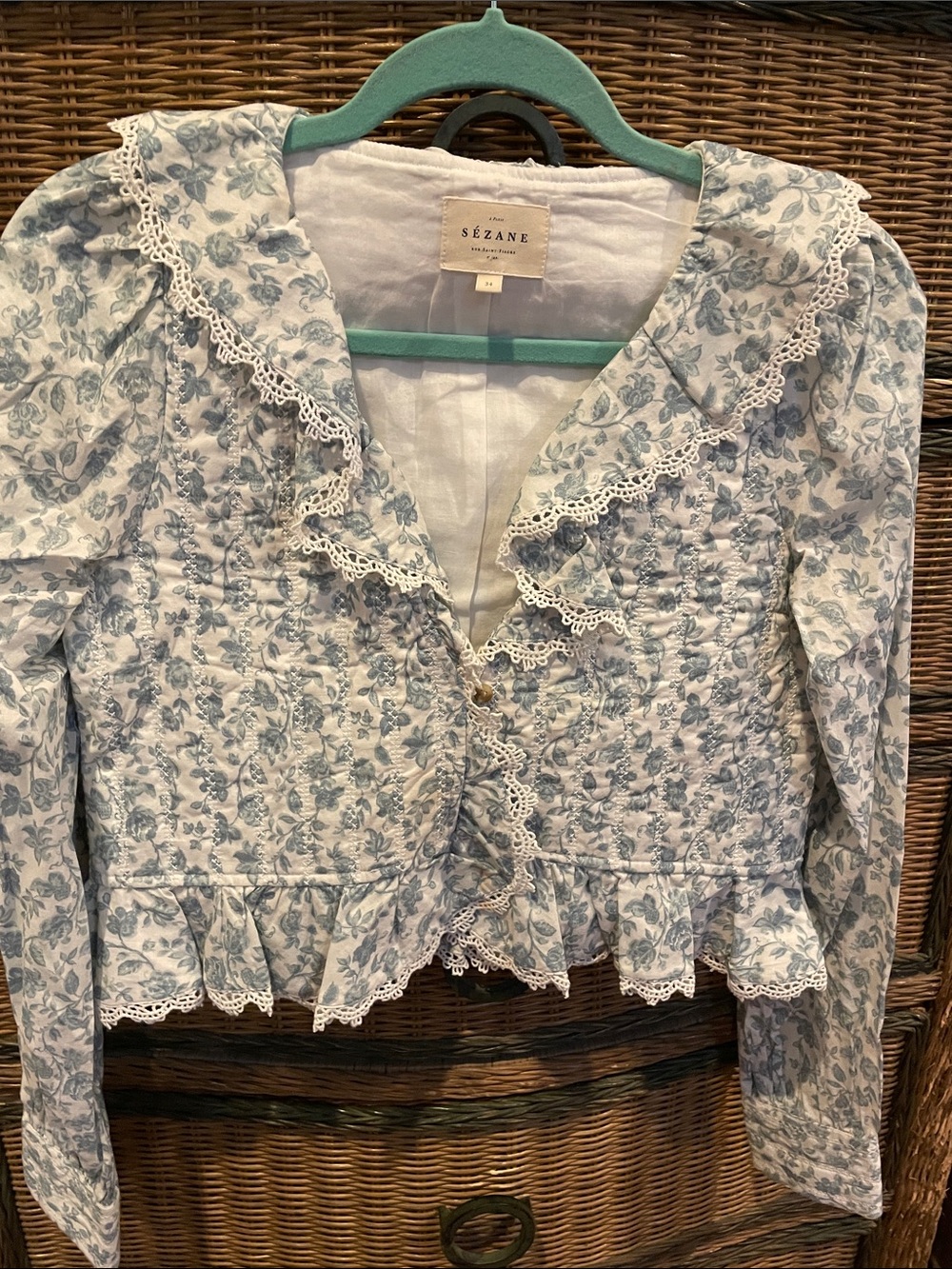NWOT Sézane Blue Floral Lace-Trim Top